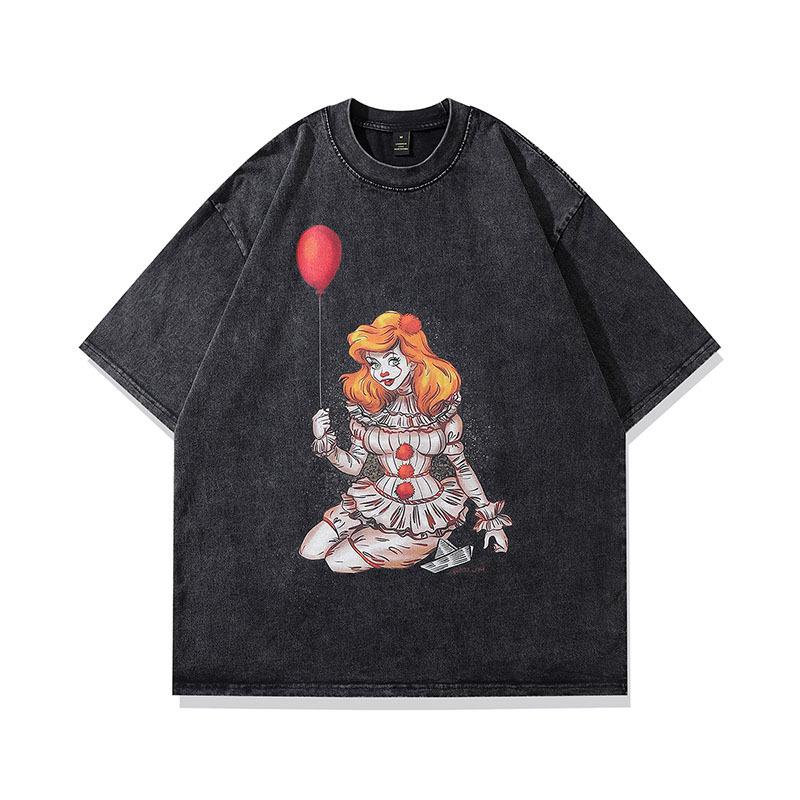 Harajuku Street Trendy Brand Sweet And Cool Cartoon Print Washed Short-Sleeved T-Shirt Men'S Ins Loose And Old Half-Sleeved Top