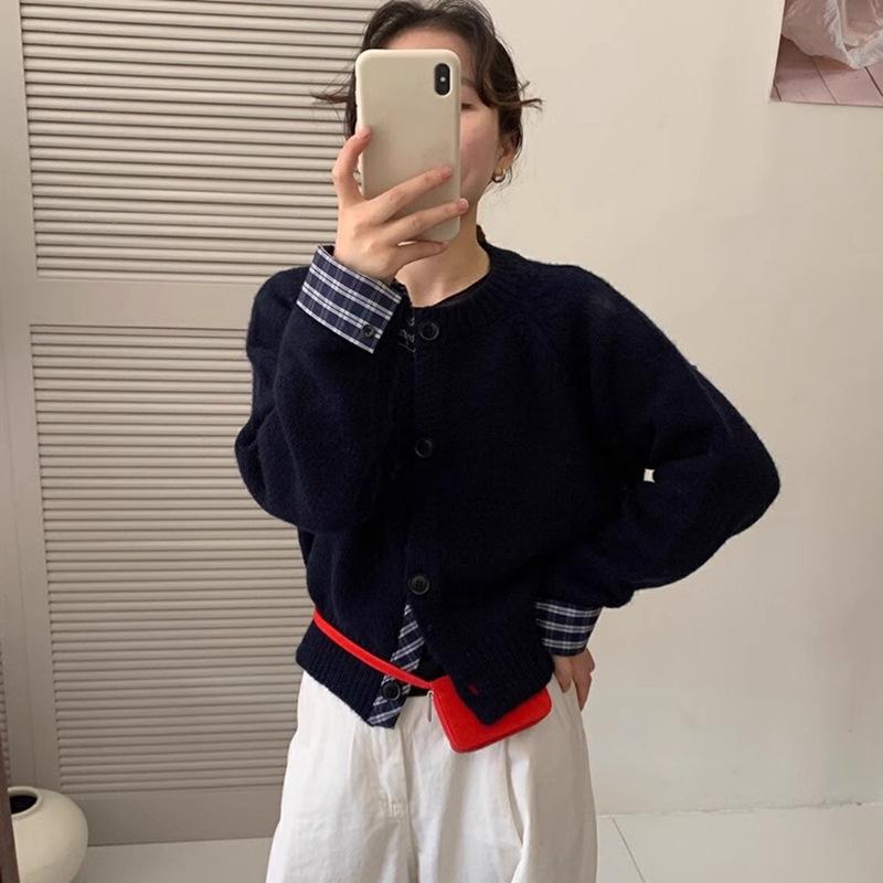 

Жіночий трикотажний кардиган з круглим вирізом, з імітацією двошарового дизайну, новий осінньо-зимовий верхній одяг one size fits all Темно-синій