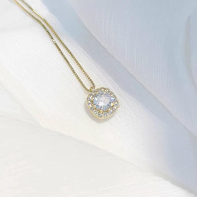 Square Halo Cubic Zirconia Pendant Necklace, Gold & Silver Plated Box Chain for Women