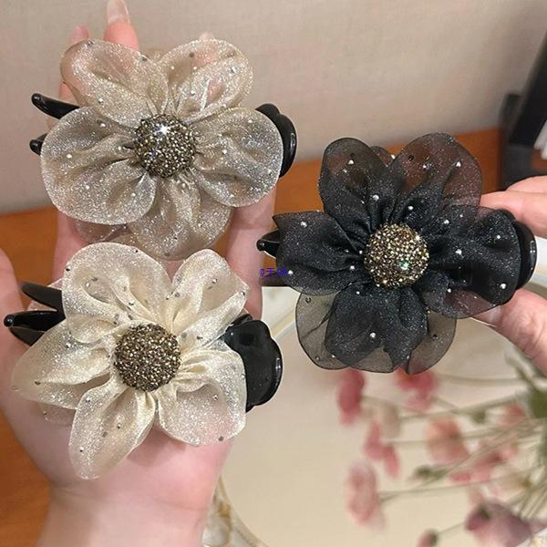 Korean Style Rhinestone Flower Top Knot Claw Clip for Women - 2025 Hairpin Headwear Fashion