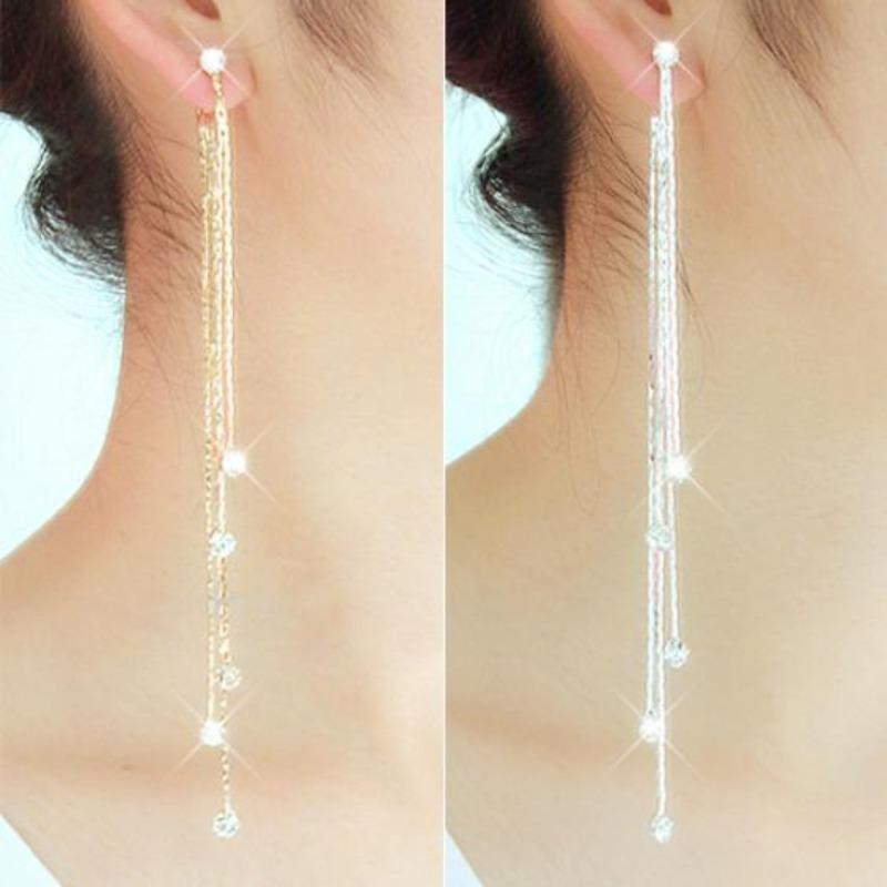Elegant Long Tassel Drop Earrings with Sparkling Crystals for Women