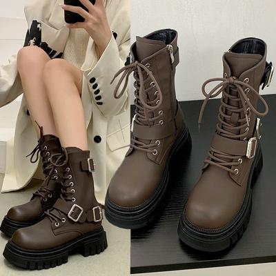 Trend Punkowe Gothic Botki Damskie 2024 Zima Nowy Design Klamry Paska Damskie Buty Modne i Wszechstronne Platformowe Damskie Buty