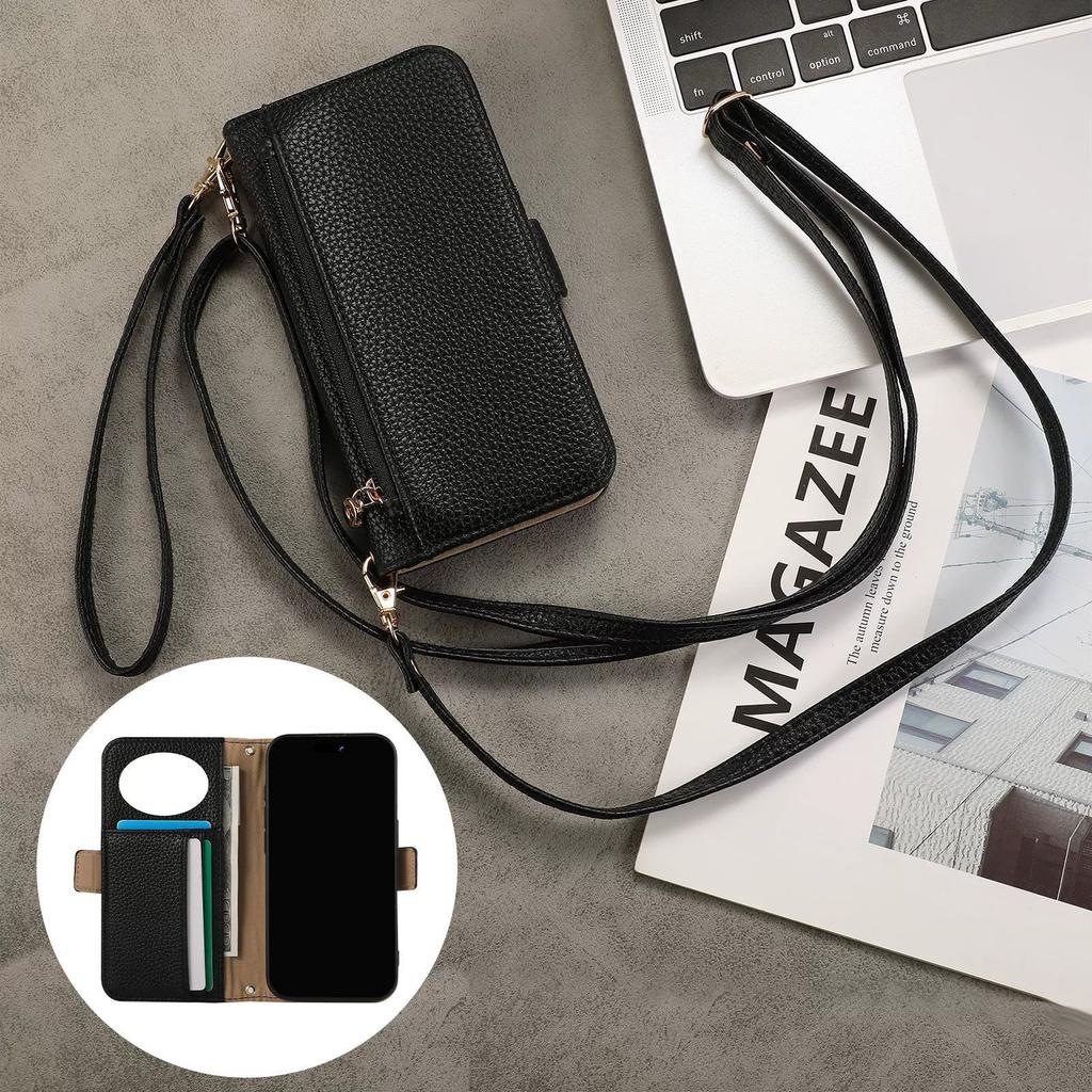 Wallet Case for Apple iPhone 17 ProMax- Zipper Crossbody Adjustable Lanyard Mirror Flip Shockproof Full Cover on iPhone 17/16/15/14/13/12/11/Plus/Pro