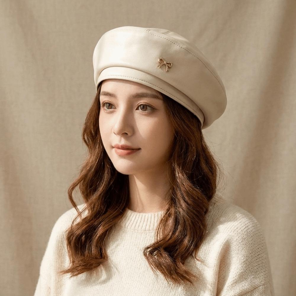 Bow Octagonal Hat Solid Color Painter Hat Fashion PU Leather Beret Ladies