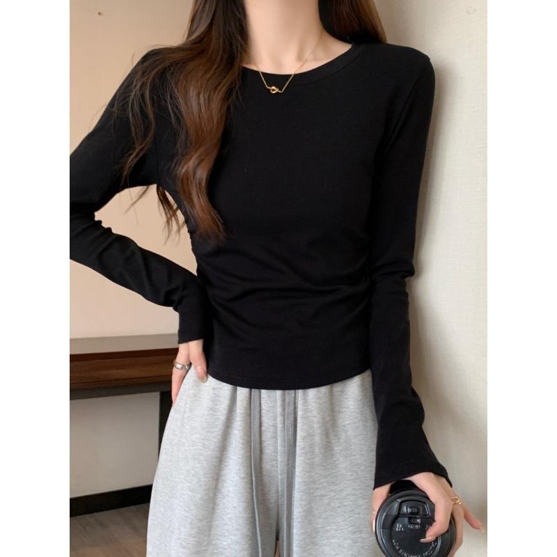 Simple slim-fitting and thin T-shirt top, spring pleated card waist long-sleeved women's inner bottoming shirt
