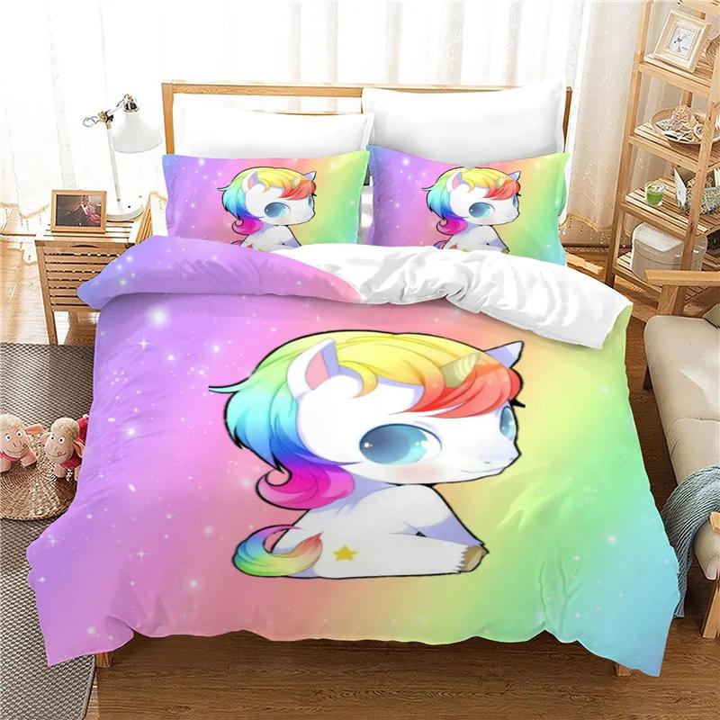 Lovely Unicorn Bedding Set For Kids Winter Duvet Cover Sets Blue Pink Cartoon Boy Girl Bed Linens 2/3 Pcs Ropa De Cama Cartoon
