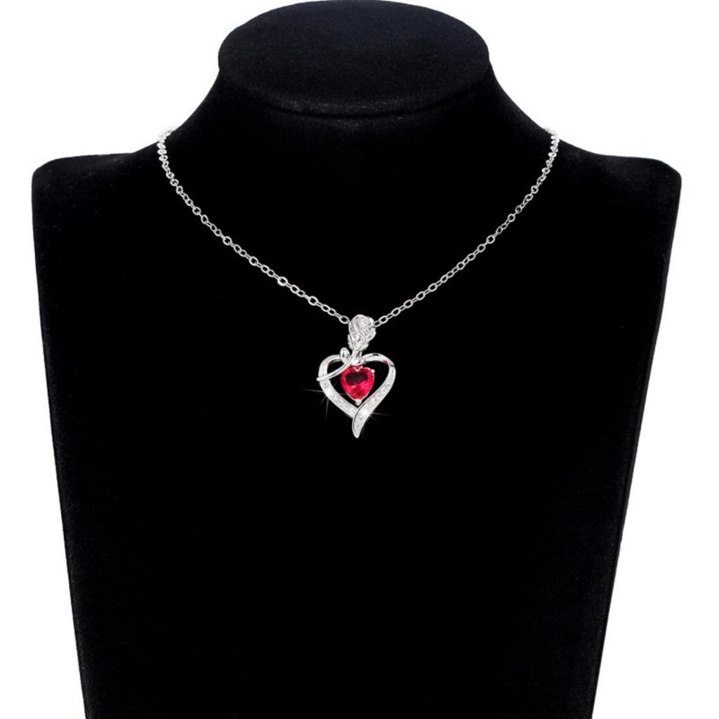 Women Red Heart Stone Pendant Necklace with Rose and Sparkling Accents Elegant Romantic Jewelry