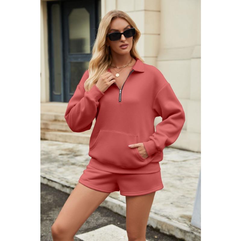 Womens Solid Long Sleeve Sweatshirt With Pockets Shorts Two Piece Casual Set