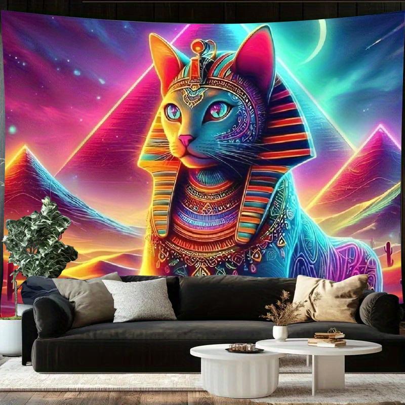 Egyptian Neon Cat Pattern Digital Printing Polyester Wall Tapestry Suitable For Use In Living Rooms Bedrooms Offices Bars Party