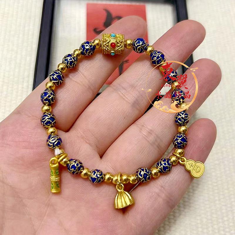 Deep Blue Cloisonné Lotus Pod Bracelet with Bamboo and Ash Porcelain Glaze Gold Foil Filigree