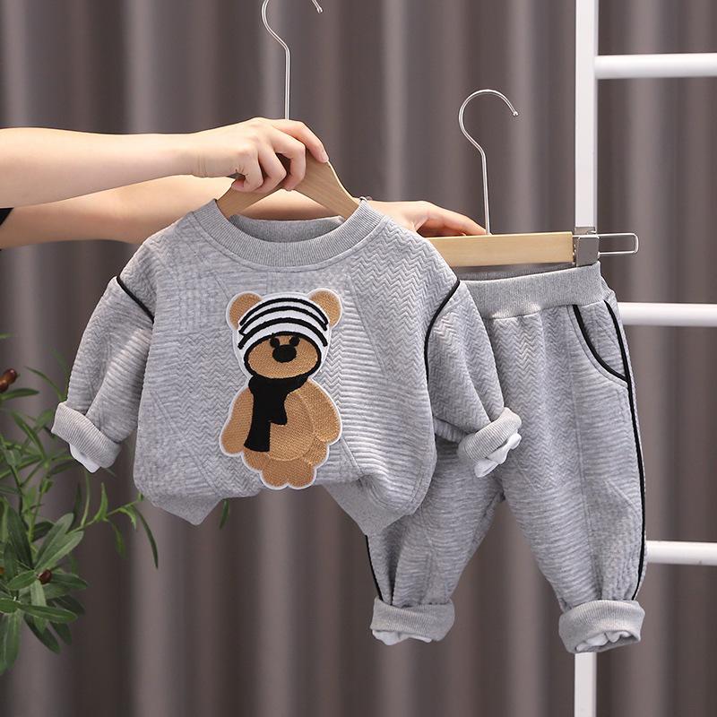 Korean Kids' Autumn Bear Sweatshirt & Sweatpants Set – Cartoon Two-Piece Long Sleeve Outfit
