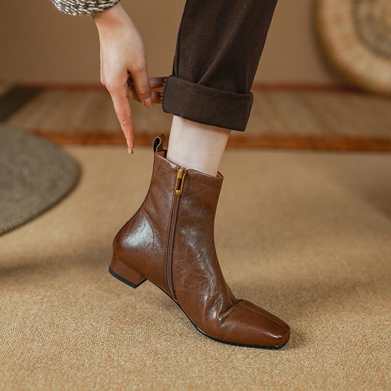 Fashion NEW Autumn Women Boots Gnueine Leather Shoes for Women Square Toe Low Heel Shoes Black Zipper Ankle Boots Handmade Modern Boots