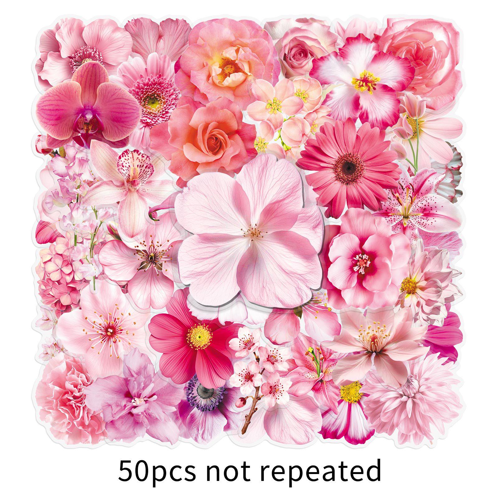 50 Transparent Floral Pink Flower PET Stickers for Journals