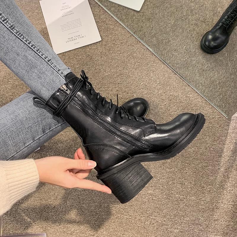 Cowhide Version~ Ann Martin Boots Women's 2025 Autumn and Winter New Versatile British Style Leather Locomotive Boots High-heeled Short Boots Women