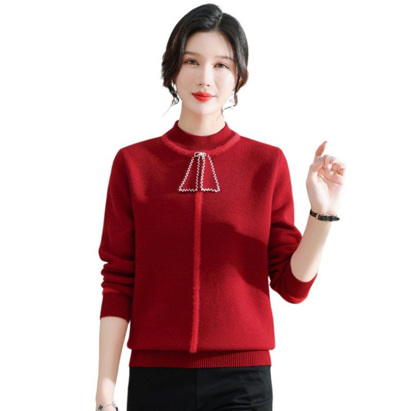 New Thin Middle-aged and Old Autumn Long-sleeved Top Knitted Pullover Autumn Dress Middle-aged Women's Mother Bottoming Shirt