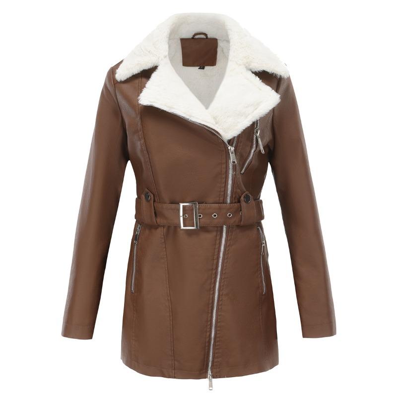 Autumn and winter new long-sleeved velvet leather jacket women's lapel double-ended zipper belt belt warm jacket