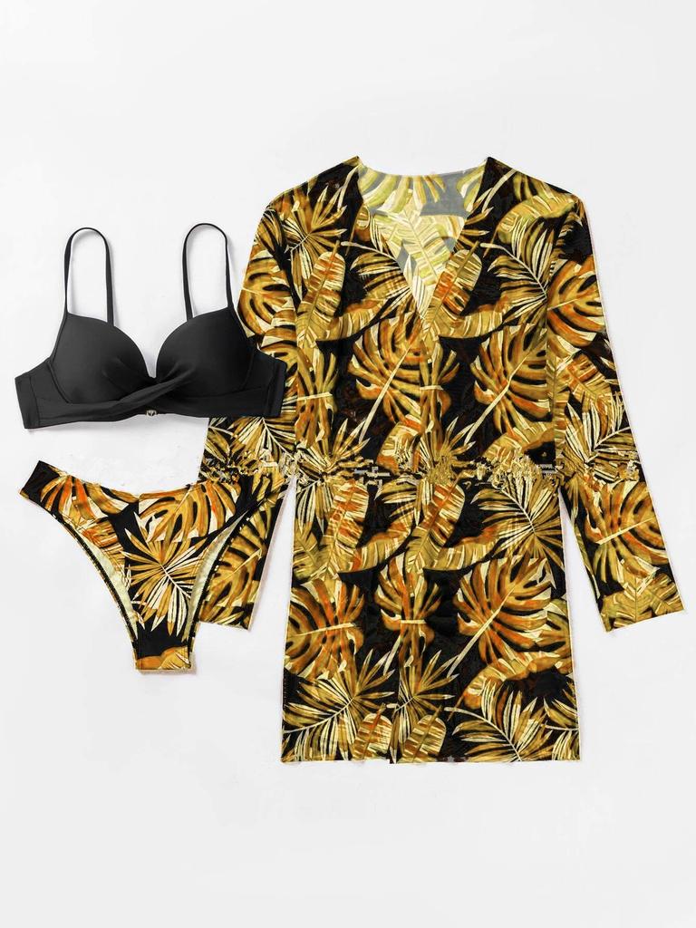 2023 European & American Women's Three-Piece Bikini Set with Cardigan, High-Waisted Bottoms, and Sunscreen Cover-Up.