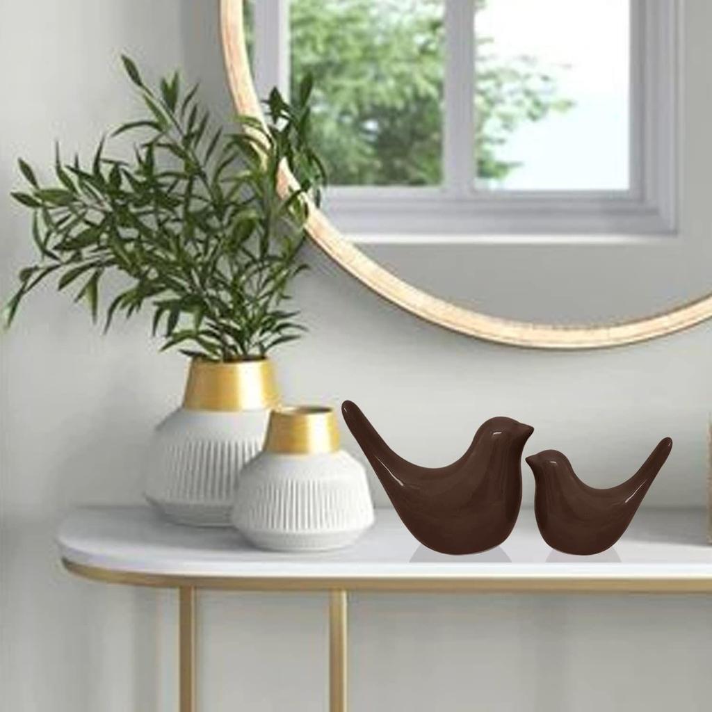 Creative Brown Glossy Ceramic Birds Figurines Home Decorations Accessories Party (Pack of 2, Brown)