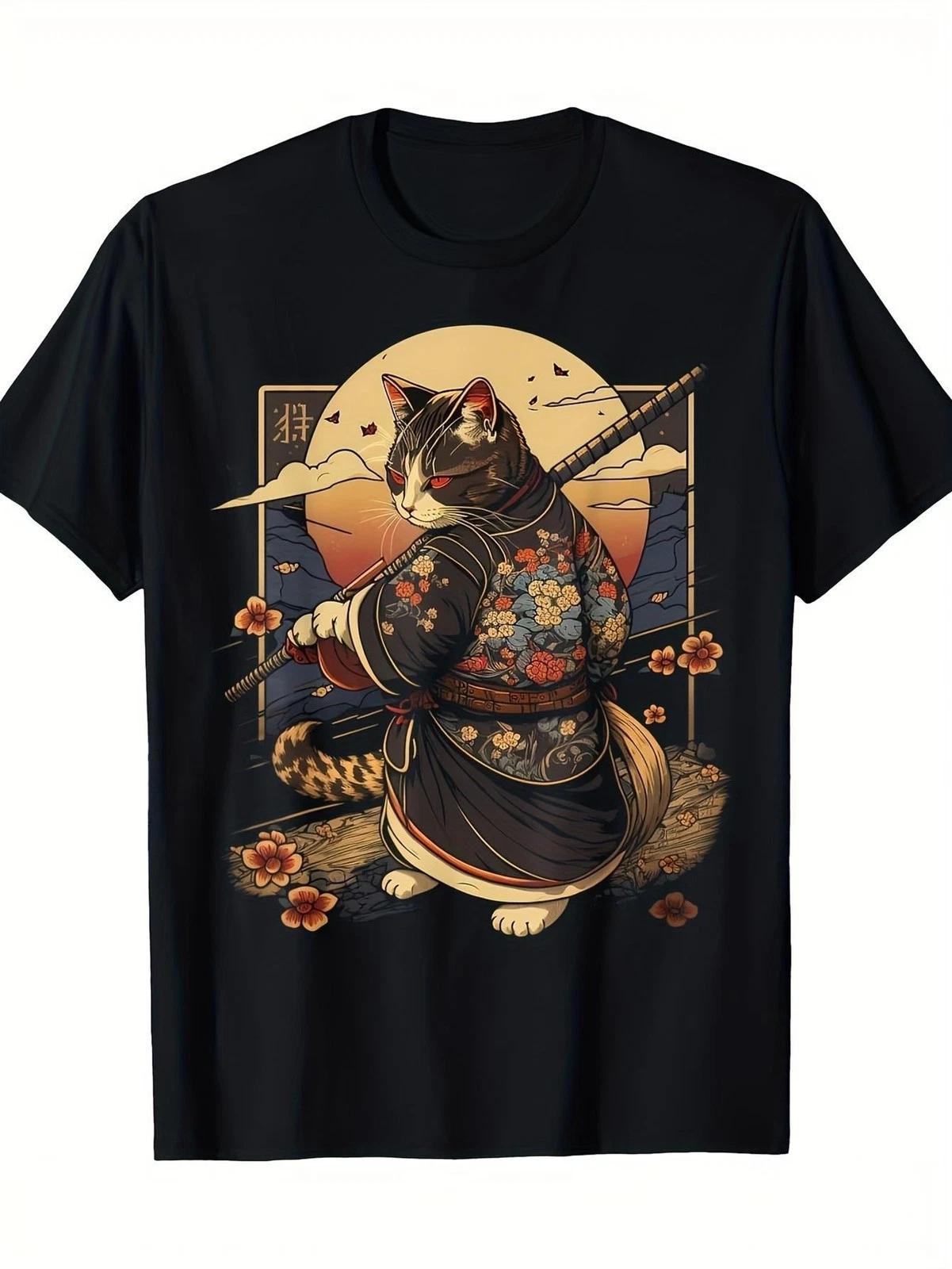 Black Cat Samurai Graphic T-Shirt Japanese Warrior Cat Tee M