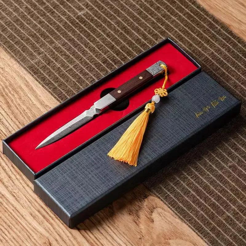 Zen Tea Knife Handmade Tea Needle Black Sandalwood Damascus Pattern Steel Puer Tea Knife Tea Set Accessories