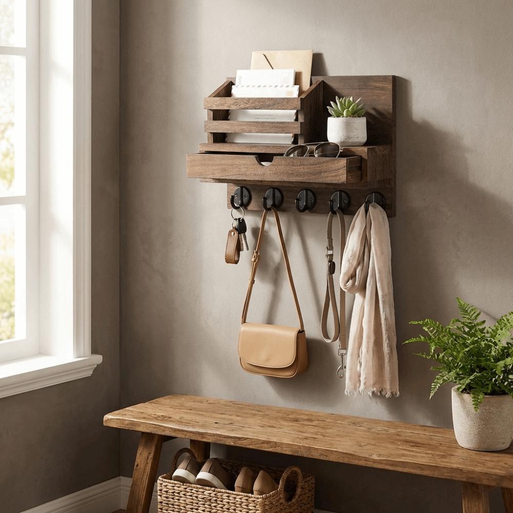 Solid Wood Solid Wood Organizer Multiple Hooks Wall-Mounted Storage Rack Coat Rack  Hallway