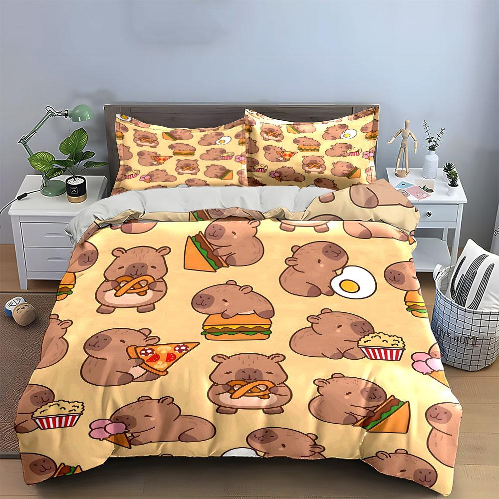 Capybaras eating various foods. Bedding sets Duvet cover sets Duvet covers Pillowcases(1 * Duvet Cover 2 * Pillowcases without duvet insert)
