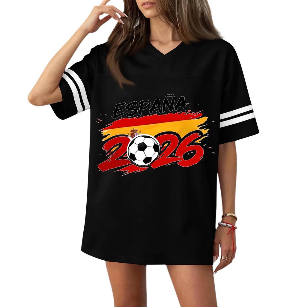 Women’s Casual V Neck Football Jersey Flag Print Short Sleeve Sports T Shirt Top for 2026 Soccer Fans