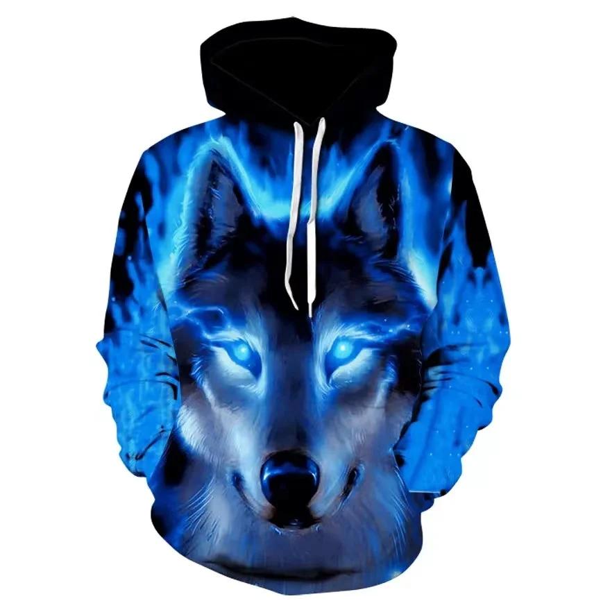 Spring and Autumn Men's Junior Wolf Hoodie Fashion 3D Wolf Printing Loose Streetwear Funny Animal Street Hip Hop Sweatshirt