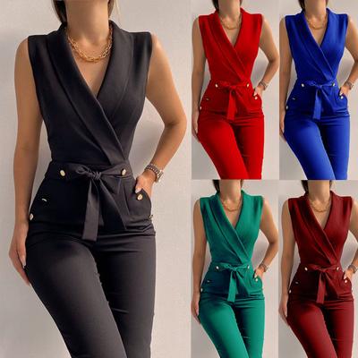 Women Casual V Neck Jumpsuits Button Lace Up Sleeveless Wide Leg Pants Streetwear Overalls Jumpsuit Women Business
