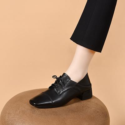Zapatos planos de cordones de encaje para mujer con punta cuadrada, zapatos planos pequeños cómodos, un zapato y dos zapatos pequeños de cuero.