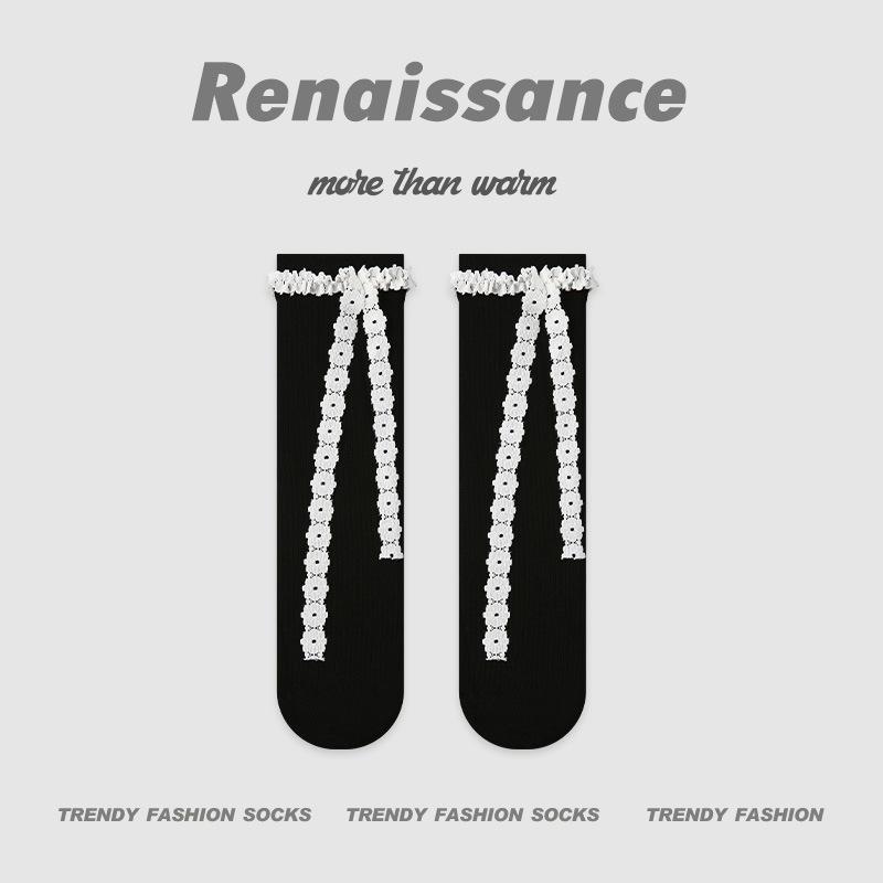 Women's Spring and Summer Style Thin Knitted Solid Color Lace Breathable Calf Socks