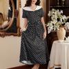 Dot-check Collar Short-sleeved Fitted Summer Dress with A Waistline for Slimming Effect and A Laced Retro-style Collar for Women