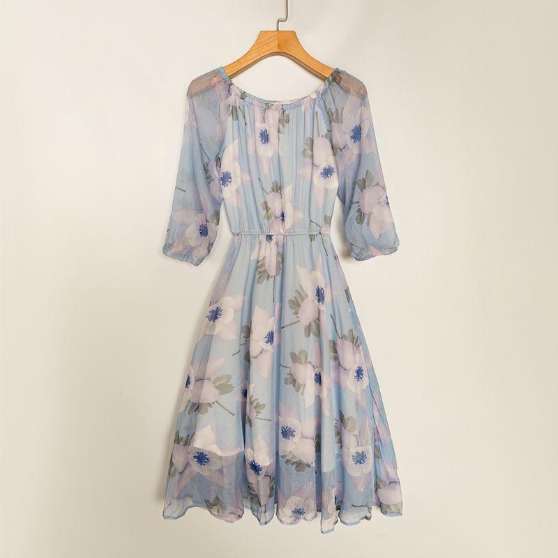 

Летний экспортный K-стиль Новое поступление Молодежный и живой Молодежный Популярность Эластичная футболка с круглым вырезом и рукавом до локтя Платье Light blue bottom light purple flower S