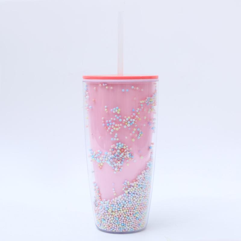 Water bottle fashion creative rainbow plastic bubble cup summer cute couple straw cup Internet celebrity foam double layer crushed ice cup
