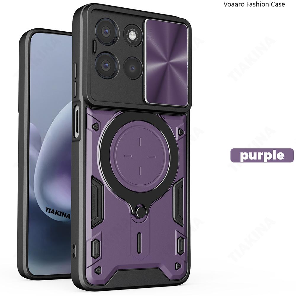 Draai Slide Lens Armor Funda voor Motorola Moto G67 Power 5G India Case voor Motorola G67 Power 5G Case Magnetische Ring Stand Cover paars