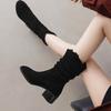 Krazing Pot Cow Suede Nubuck Winter Round Toe Modern Boots Med Heels Slip On Pleated Decoration Women Mid-calf Boots