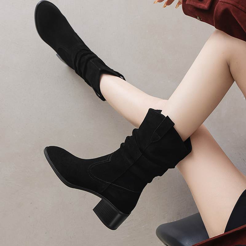 Krazing Pot Cow Suede Nubuck Winter Round Toe Modern Boots Med Heels Slip On Pleated Decoration Women Mid-calf Boots