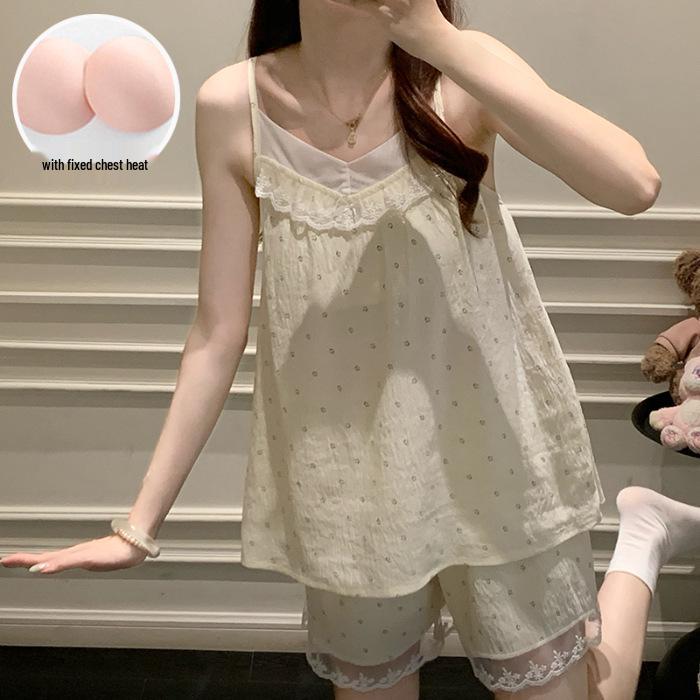 Princess Style Cloud Cotton Pajama Set for Women with Built-in Bra