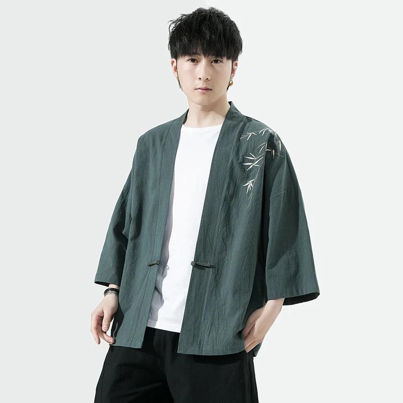 Summer Men's Cardigan Japanese Kimono Samurai Costume Clothing Bamboo Embroidered Kimono Shirt Yukata Haori Casual Coat