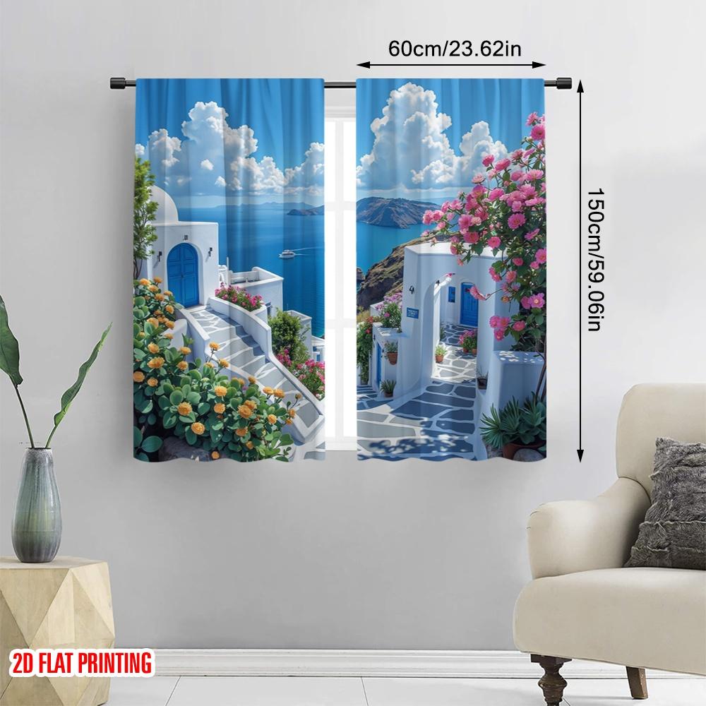2D flat printing 2pcs Party Curtain Small town sea view Versatile Durable Polyester,Without Electricity Birthday Party Perfect