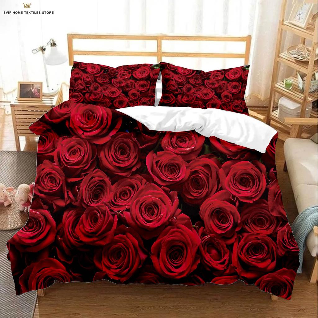 Valentine's Day Retro Red Rose 3D Printed Quilt Cover 100% Polyester Duvet Cover Bedding Set Quilt Cover Pillowcase 3 Pieces