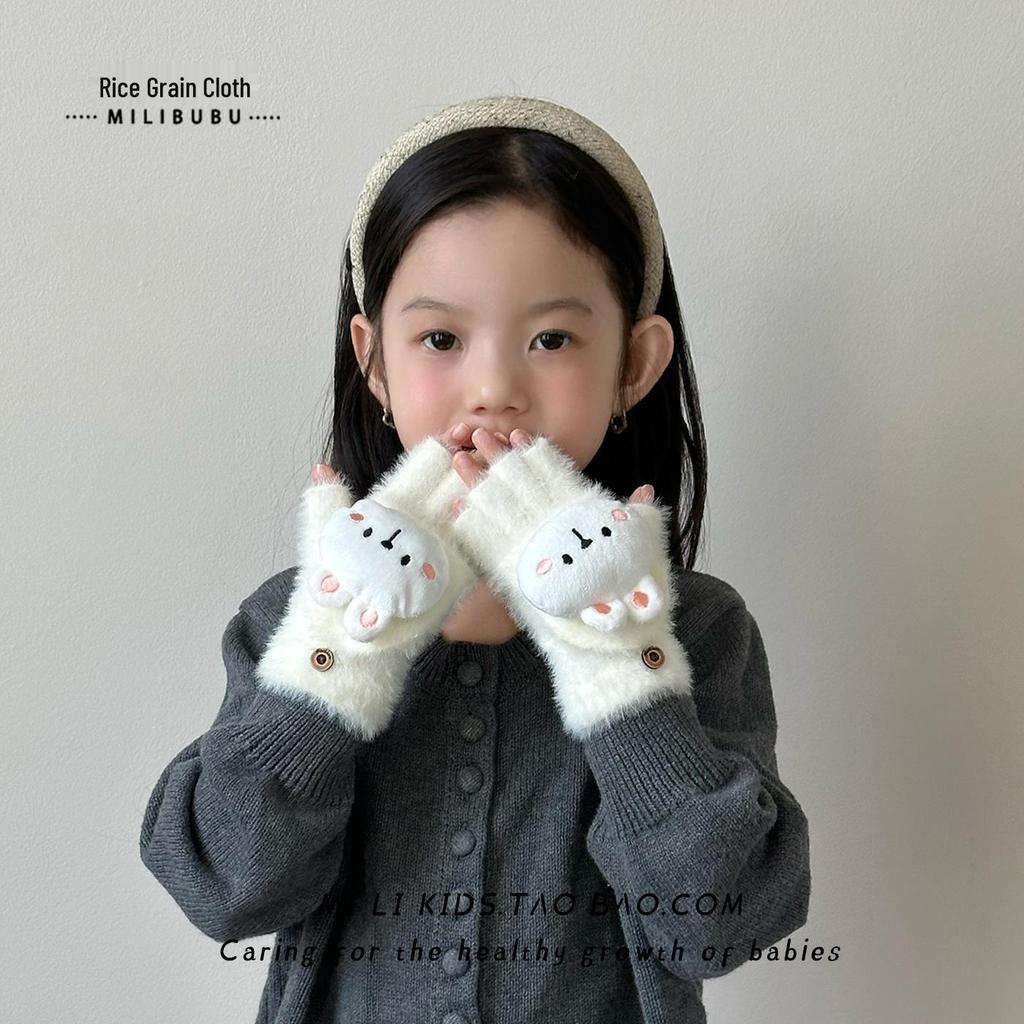 Girls' Winter Plush Rabbit Gloves: Warm, Touchscreen-Compatible, Half-Finger Flip-Top with Fleece Lining