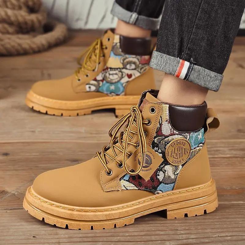 British Style 2026 New Youth High Top Printed Patchwork Workwear Leather Boots Men's Spring Autumn Outdoor Casual Shoes