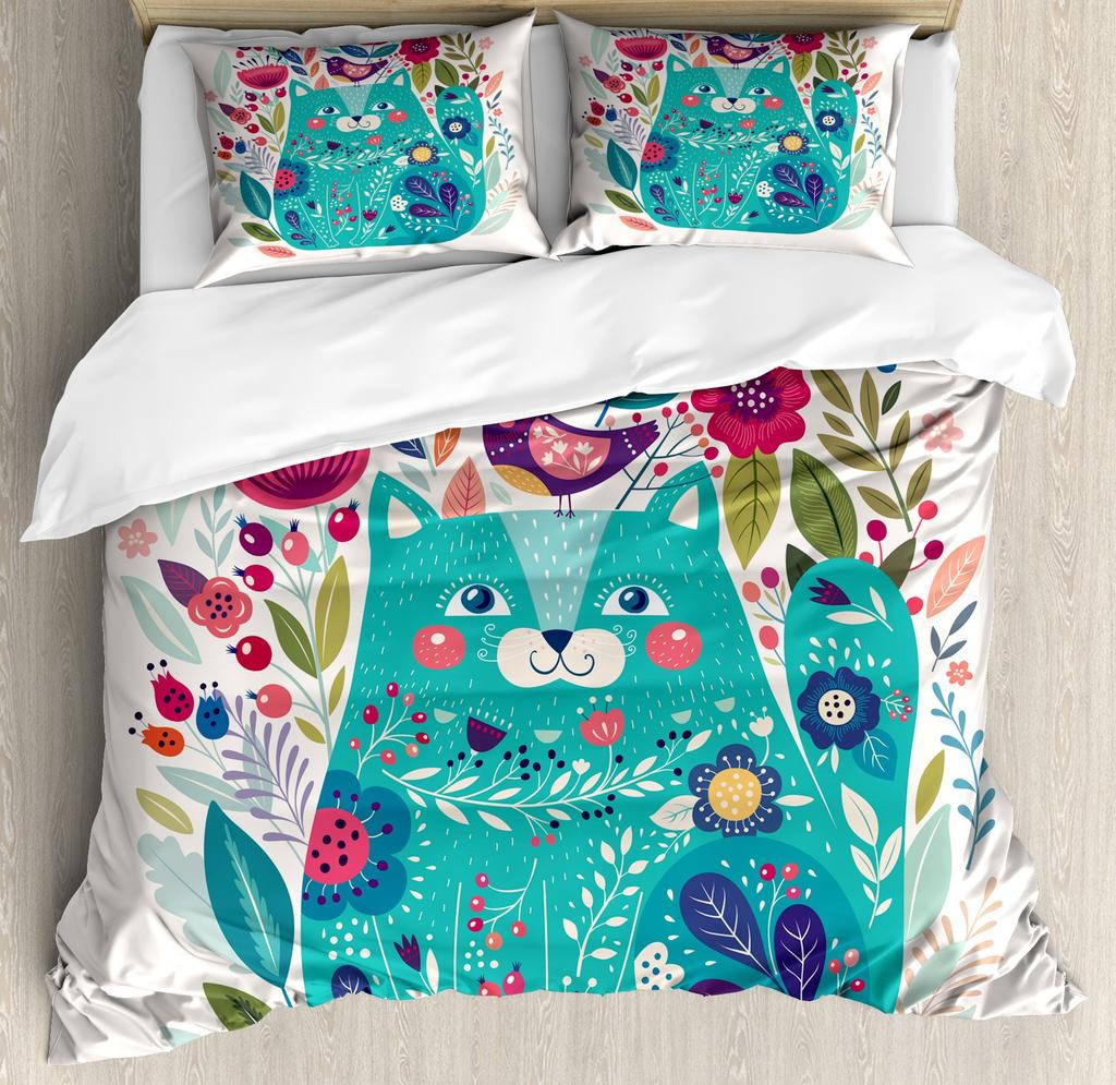 Cat Flowers King Queen Duvet Cover 3D Pet Kitty Floral Bedding Set Teens Adult Yellow Chrysanthemum 2/3pcs Quilt Cover