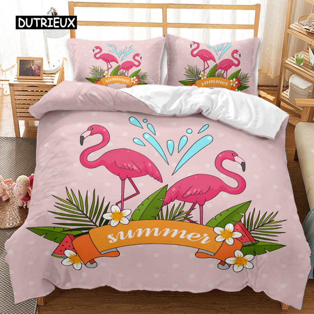 Flamingo Duvet Cover Couple Flamingo Palm Leaf Twin Bedding Set Tropical Botanical Leaves Summer King Size Polyester Quilt Cover