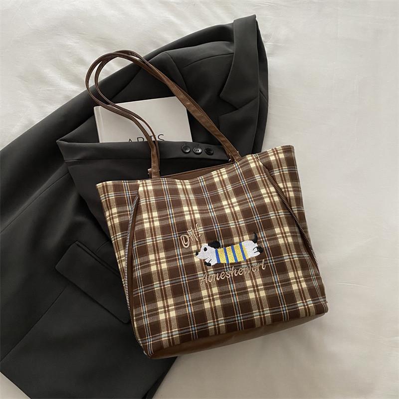 

Stylish High-quality Tote Bag For Women In Trendy Plaid Design With Cartoon Dog Print Gray Blue Stripes