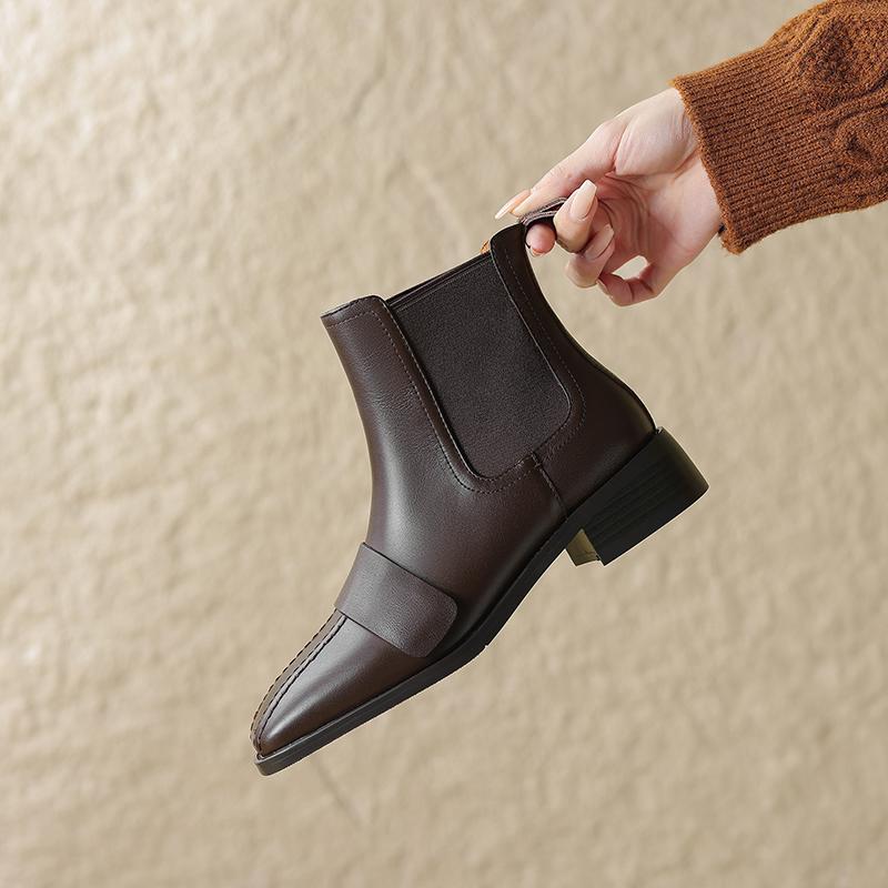 2024 New Women Genuine Leather Ankle Boots Autumn Winter Square Toe Thick Heels Casual Office Lady Working Black Shoes Woman