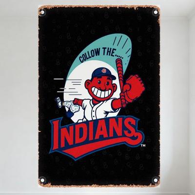 Vintage Style Metal Tin Sign with Native American Baseball Character - Follow the Indians, Weathered Rustic Wall Decor for Man C