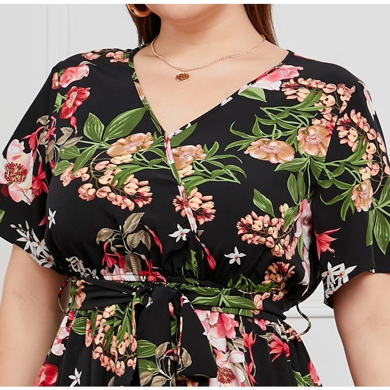 Summer Women Dress Short Sleeve High Waist V-Neck Midi Dress Plus Size Sexy Temperament Print Dress