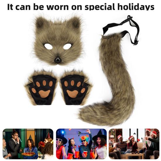 Furry Therian Kostýmová sada pro dívky ženy ocas z umělé kožešiny plyšová maska nadýchané tlapkové rukavice sada liška kočka vlk zvíře cosplay doplňky